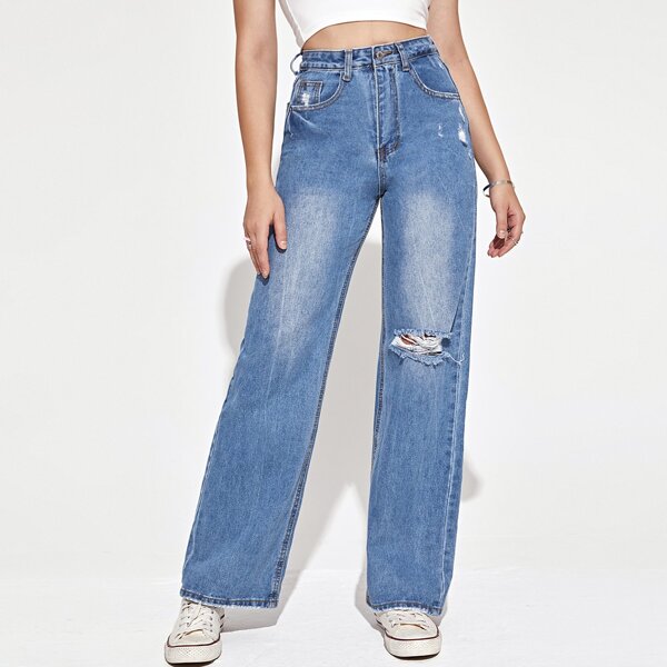 

Ripped High-rise Boyfriend Jeans, Medium wash