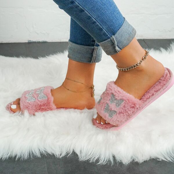 

Rhinestone Decor Fluffy Slippers, Pink