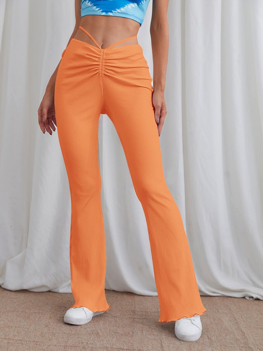 SHEIN EZwear Neon Orange Lace Up Back Flare Leg Pants - Orange - View 1