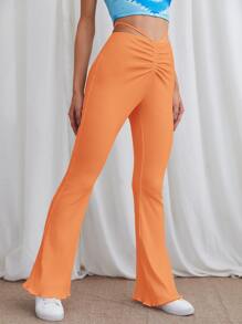 SHEIN EZwear Neon Orange Lace Up Back Flare Leg Pants - Orange - View 3