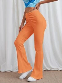 SHEIN EZwear Neon Orange Lace Up Back Flare Leg Pants - Orange - View 4