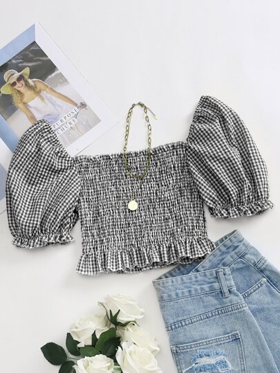 Top à volants peplum à manches bouffantes et volants froncés à carreaux