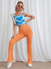 SHEIN EZwear Neon Orange Lace Up Back Flare Leg Pants - Orange - View 5