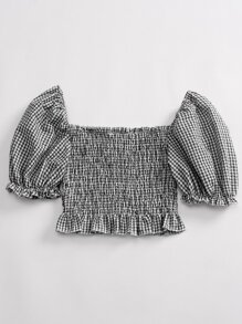 SHEIN Holidaya 泡泡袖褶皱荷叶边花边格纹荷叶边上衣