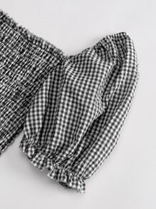 SHEIN Holidaya 泡泡袖褶皱荷叶边花边格纹荷叶边上衣