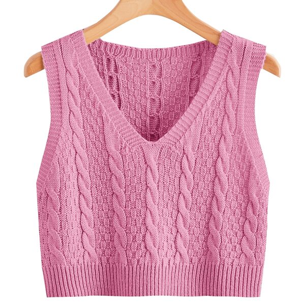 

V Neck Cable Knit Sweater Vest, Baby pink