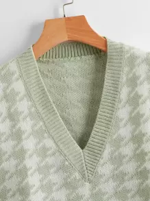 SHEIN Unity v領千鳥格圖案毛衣背心 - 薄荷綠 - 查看 4