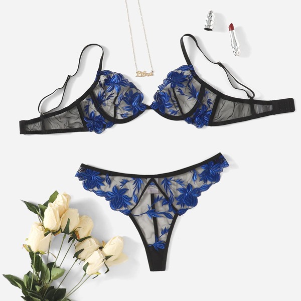 

Floral Embroidered Mesh Underwire Lingerie Set, Blue