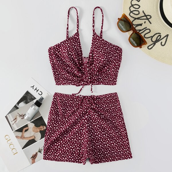 

Ditsy Floral Drawstring Front Shorts Bikini Swimsuit, Maroon
