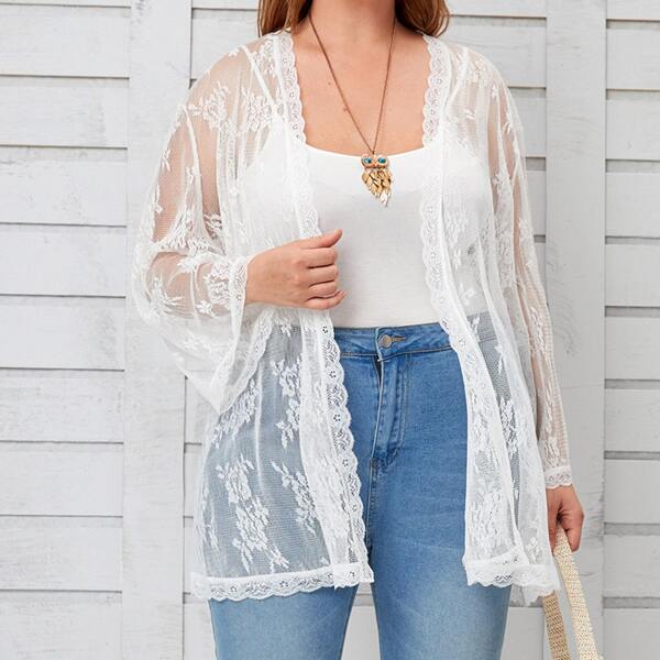 

Plus Floral Print Mesh Open Front Kimono, White