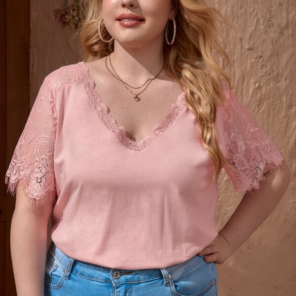 

Plus Eyelash Lace Raglan Sleeve Tee, Dusty pink
