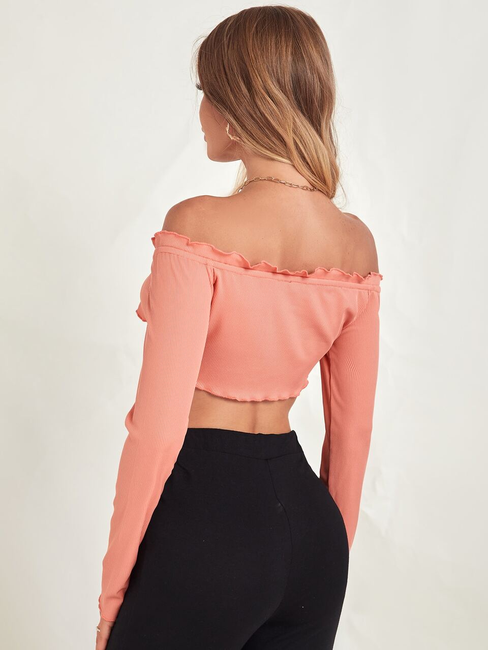 Knot Front Lettuce Trim Off Shoulder Crop Top