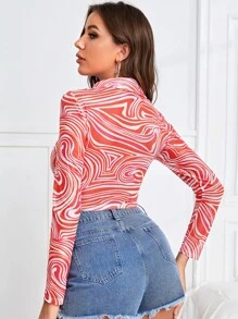 SHEIN 大理石圖案修身短款襯衫 - 紅白色 - 查看 2