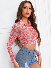 SHEIN 大理石圖案修身短款襯衫 - 紅白色 - 查看 4