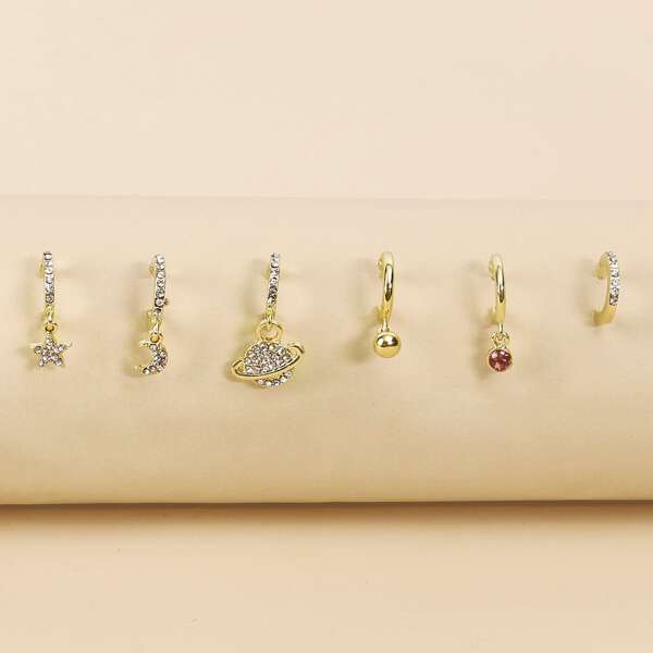 

6pcs Rhinestone Decor Earrings, Gold