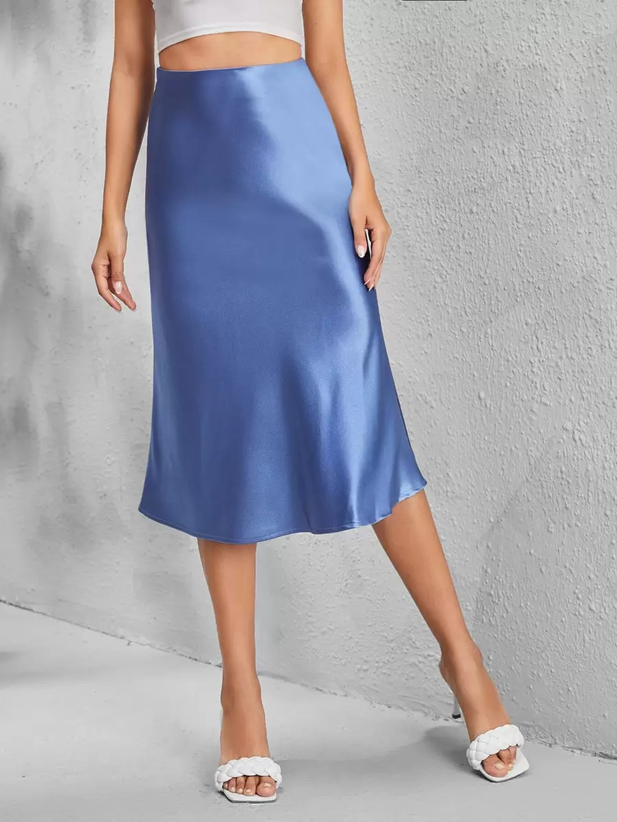 SHEIN BAE Zipper Side Solid Satin Skirt - Dusty Blue - View 1