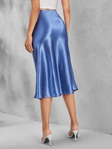 SHEIN BAE Zipper Side Solid Satin Skirt - Dusty Blue - View 2