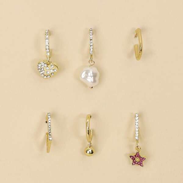 

6pcs Rhinestone Decor Earrings, Gold