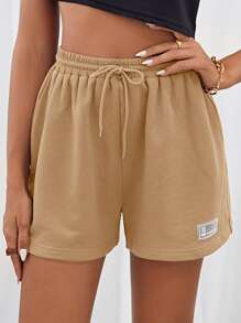 SHEIN EZwear Shorts con parche de cintura con cordón - Caqui - Ver 3