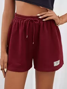 SHEIN EZwear Drawstring Waist Patched Detail Shorts - Burgundy - View 1