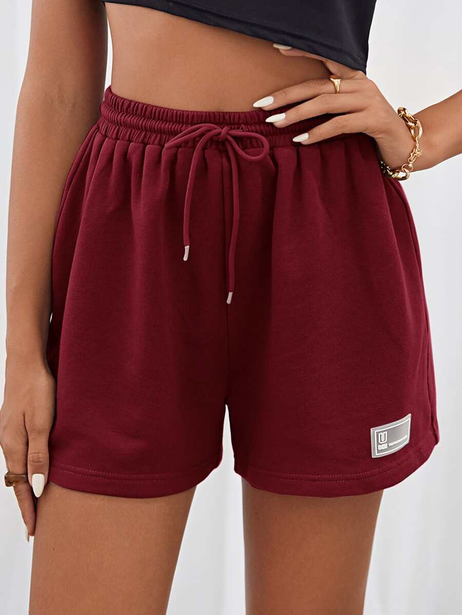 SHEIN EZwear Drawstring Waist Patched Detail Shorts - Burgundy - View 1