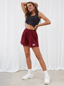 SHEIN EZwear Drawstring Waist Patched Detail Shorts - Burgundy - View 4