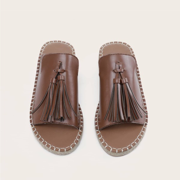 

Tassel Decor Open Toe Flat Sandals, Brown