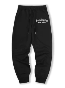 ROMWE MEN Hombres Pantalones deportivos con estampado de letra - Negro - Ver 1