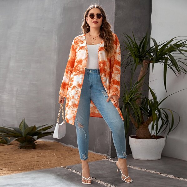 

Plus Tie Dye Open Front Chiffon Kimono, Multicolor