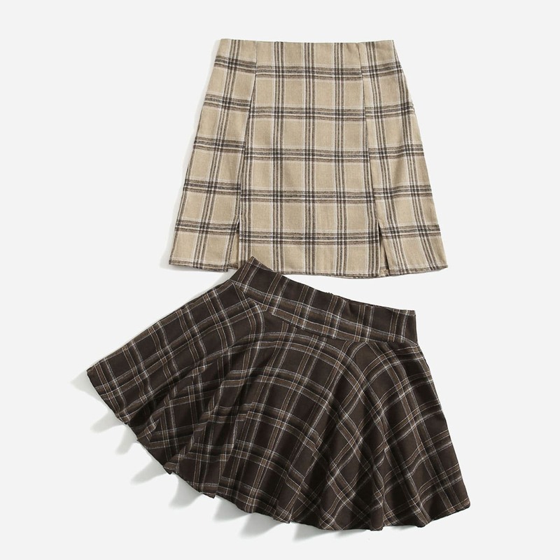 

Plaid Split Skirt & Plaid Flared Skirt, Multicolor