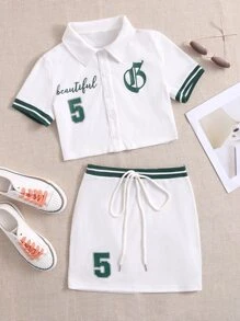 SHEIN EZwear Bộ thời trang Thắt nút Nút phía trước Lá thư Sọc Thể thao - trắng - Xem 1