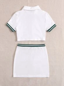 SHEIN EZwear Bộ thời trang Thắt nút Nút phía trước Lá thư Sọc Thể thao - trắng - Xem 2