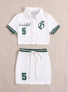 SHEIN EZwear Bộ thời trang Thắt nút Nút phía trước Lá thư Sọc Thể thao - trắng - Xem 3