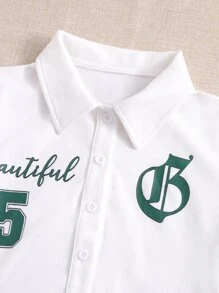 SHEIN EZwear Bộ thời trang Thắt nút Nút phía trước Lá thư Sọc Thể thao - trắng - Xem 4