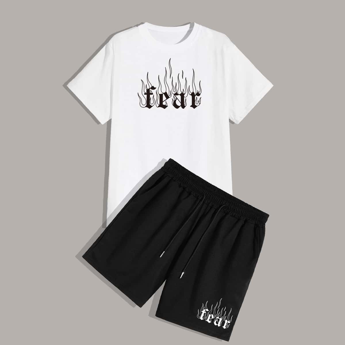 

Guys Letter Graphic Tee & Shorts Set, Black and white