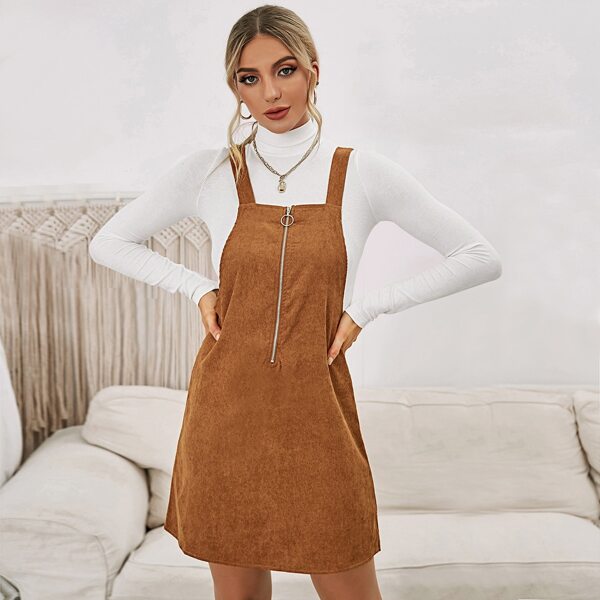 

Zip Half Placket Corduroy Overall Dress Without Tee, Brown