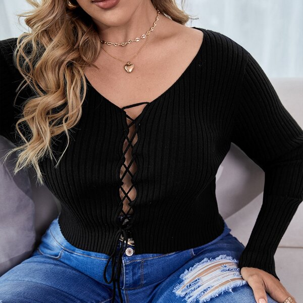 

Plus Lace Up Front Sweater, Black
