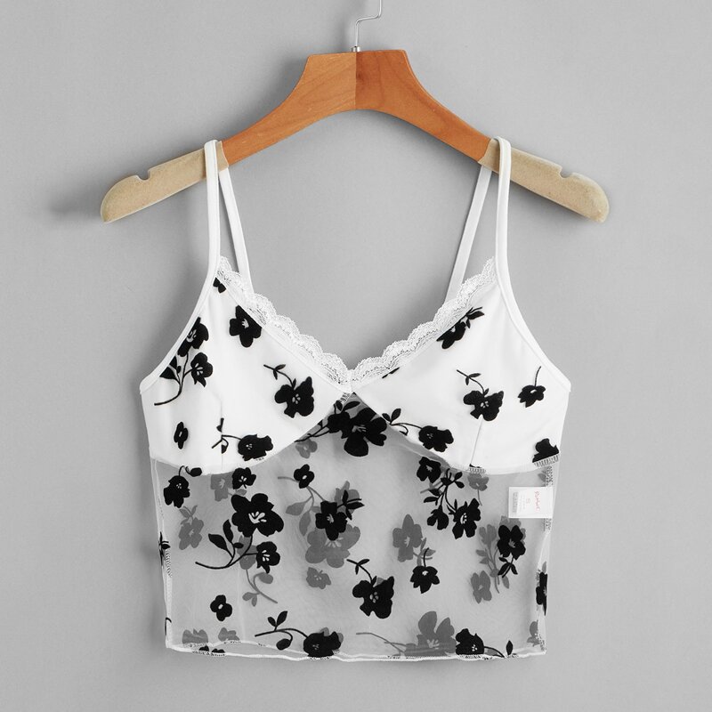 

Floral Embroidery Contrast Lace Mesh Cami Top, White