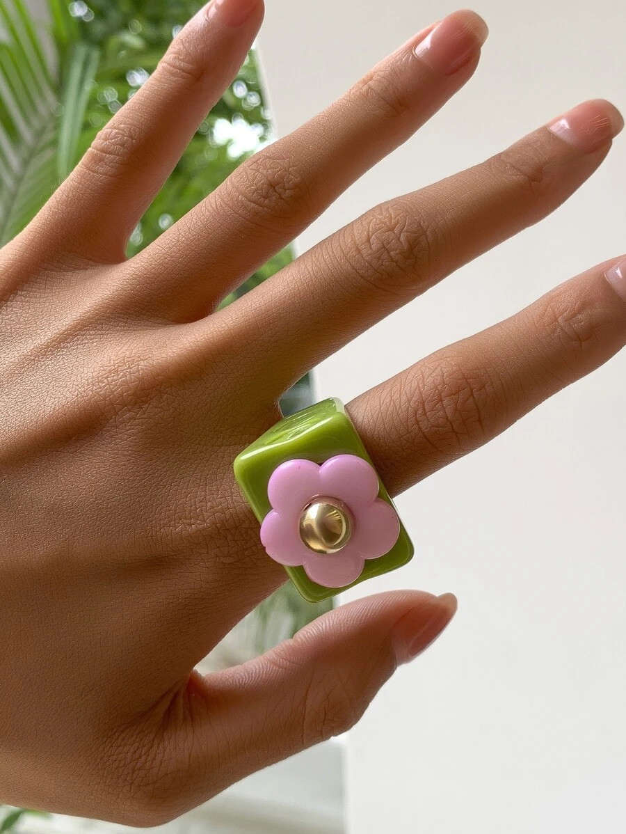 Flower Decor Resin Ring - Green - View 1