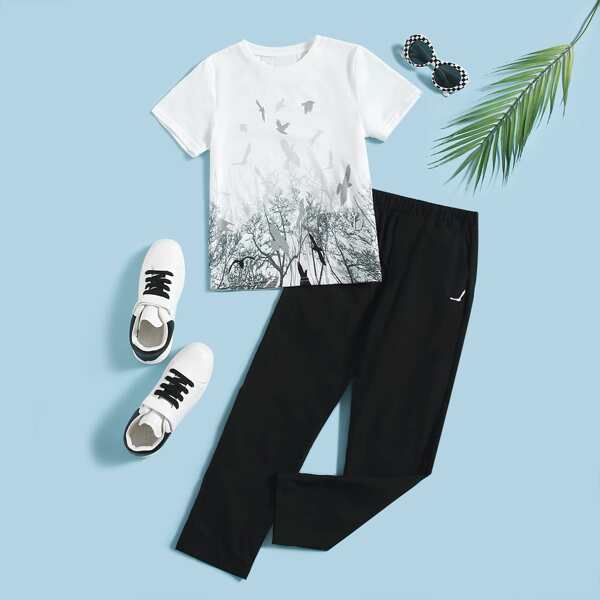 

Boys Tree And Bird Print Tee & Elastic Waist Pants, Multicolor