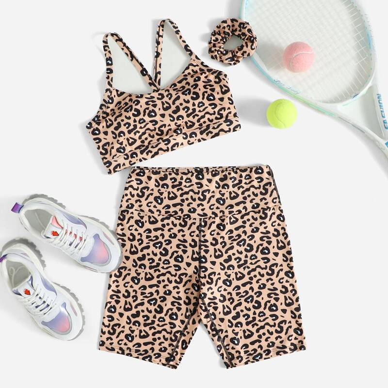 

Leopard Print Sports Bra & Shorts & Headband Set, Multicolor