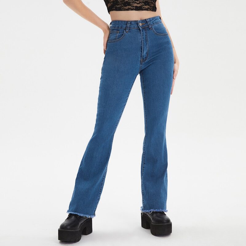 

Zipper Fly Raw Hem Flare Leg Jeans, Medium wash