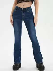 Jeans de pierna amplia con bolsillo oblicuo - Azul lavado medio - Ver 1