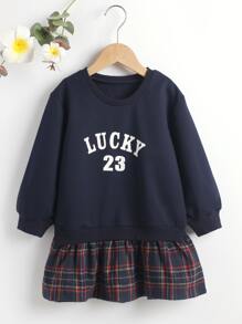 小女童字母圖案蘇格蘭格紋荷葉邊衛衣連衣裙 - 藏蓝色 - 查看 1