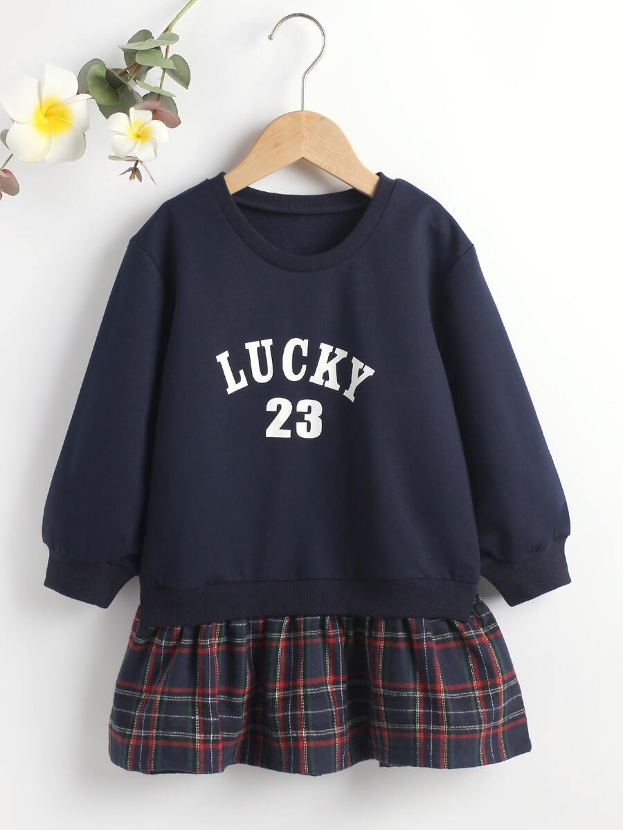 小女童字母圖案蘇格蘭格紋荷葉邊衛衣連衣裙 - 藏蓝色 - 查看 1