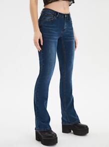 Jeans de pierna amplia con bolsillo oblicuo - Azul lavado medio - Ver 4