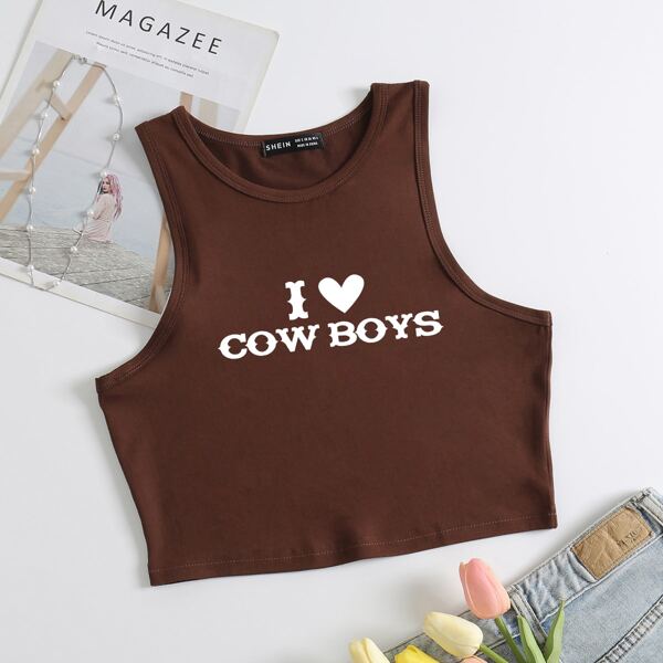 

Slogan Graphic Crop Tank Top, Coffee brown