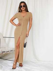 SHEIN Privé Button Front Maxi Dress - Khaki - View 1