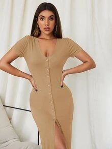 SHEIN Privé Button Front Maxi Dress - Khaki - View 5