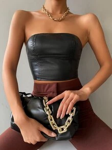 SHEIN Allurite 短款PU皮革抹胸上衣 - 黑色 - 查看 1